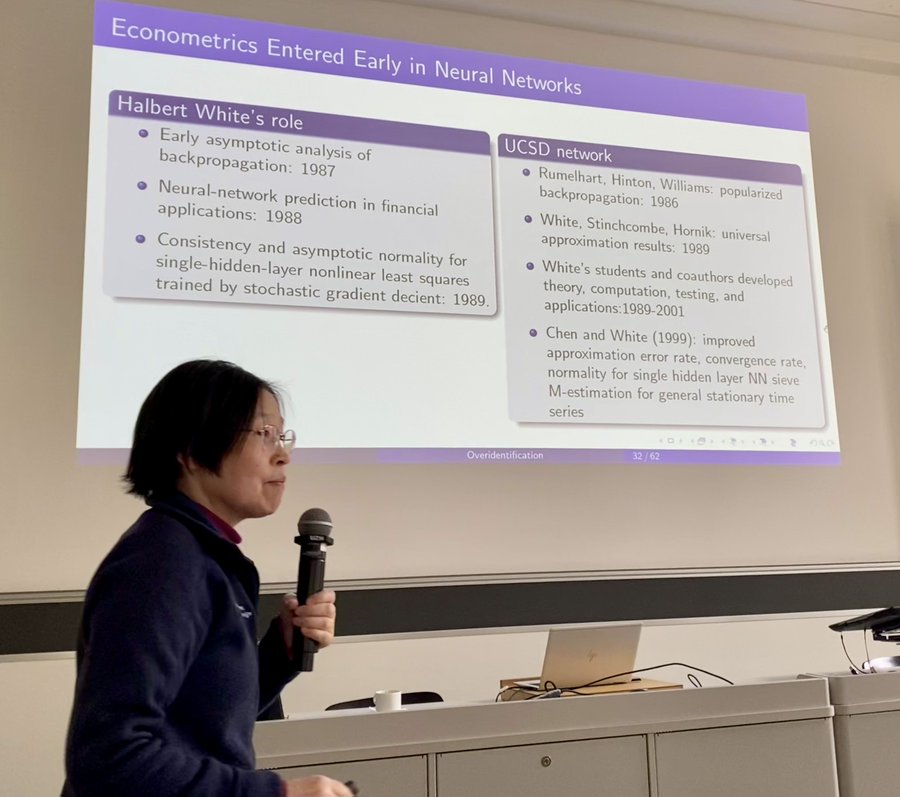 Xiaohong Chen (Yale) presented “Neural Networks for Economics: Theory & Inference”. Long before today’s AI boom, econometricians (Chen, White, and others) built foundations for neural nets as sieves. These tools are now crucial for NN-based estimation and inference in economics